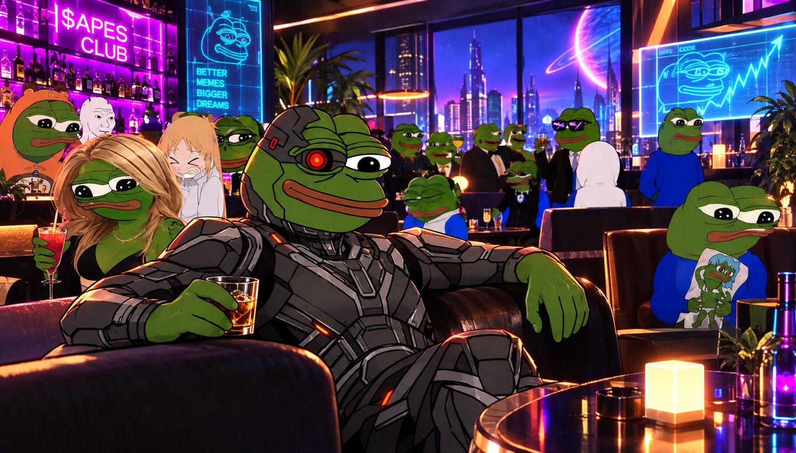 Artificial Pepe having a drink at a nightclub full of frogs
