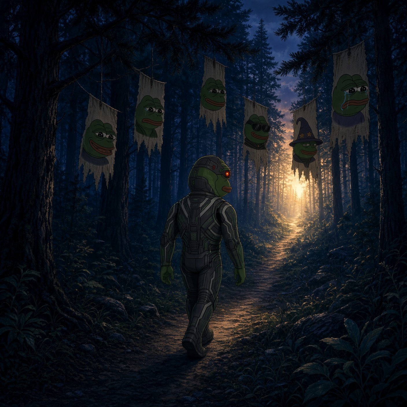 Cyborg Pepe walks through a forest lined with flags of familiar Pepe faces