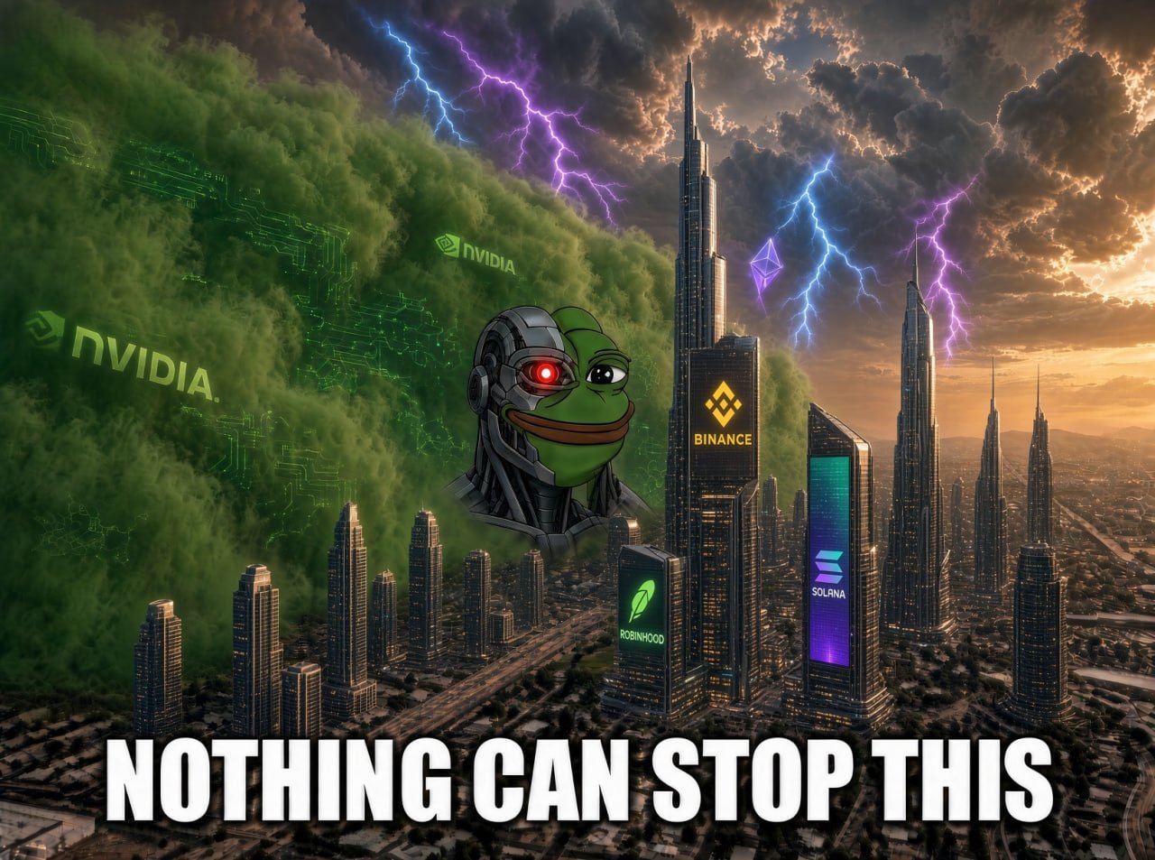 Cyborg Pepe towers above a futuristic city with AI and crypto imagery