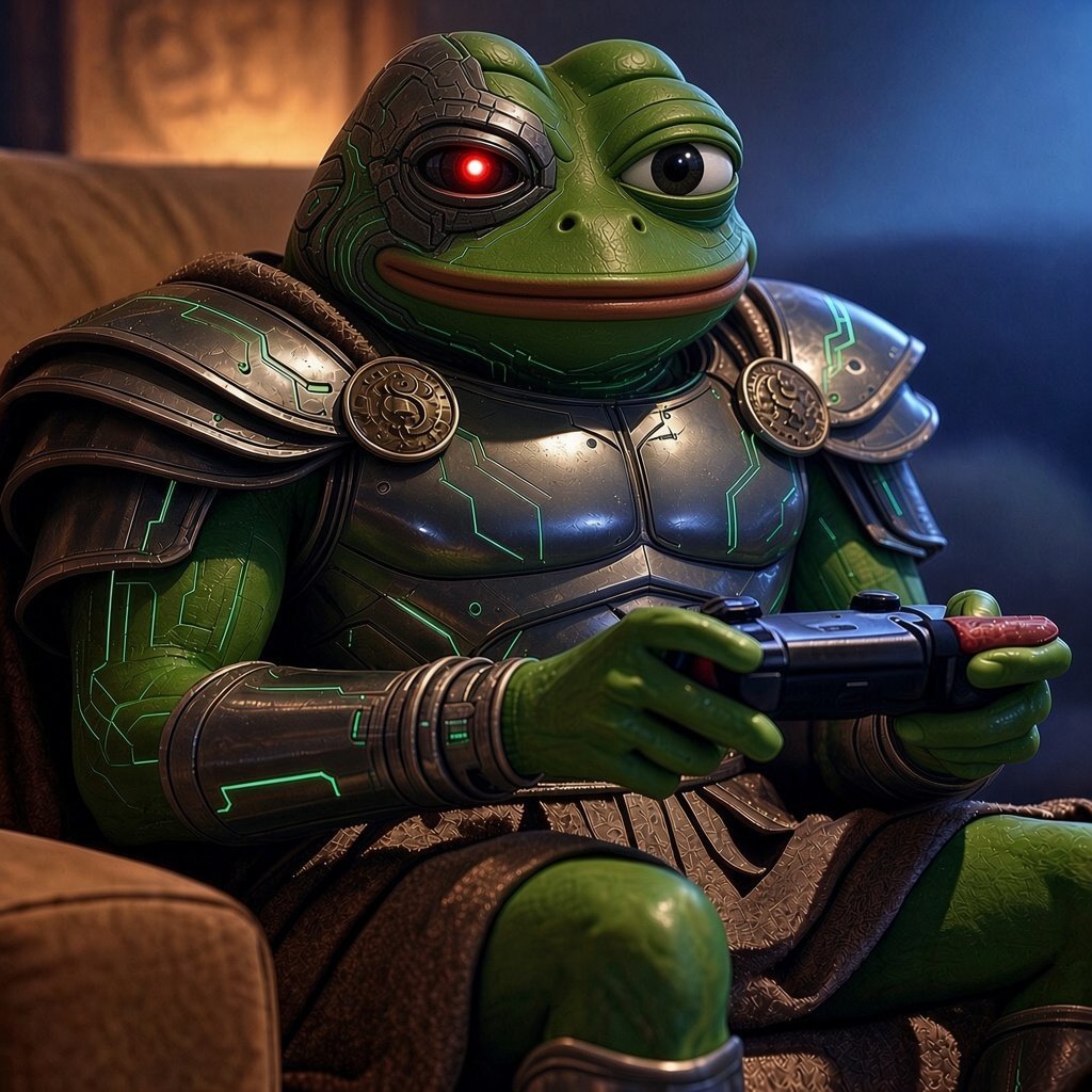 Armored cyborg Pepe sits on a sofa holding a game controller, with a glowing red mechanical eye