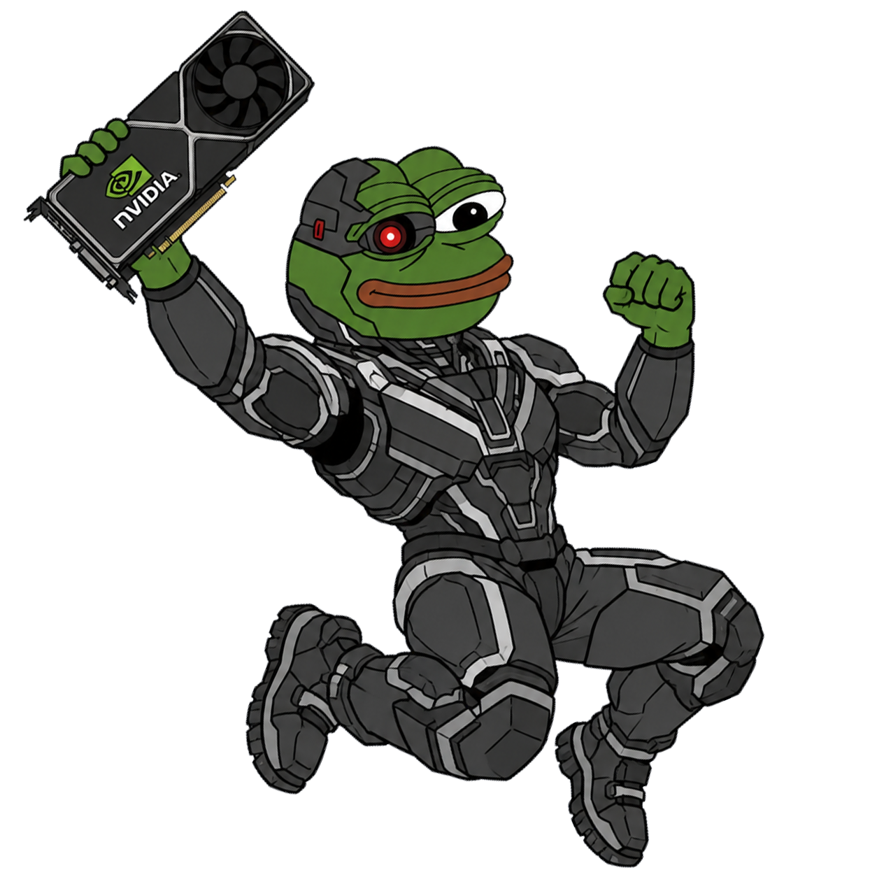 Artificial Pepe in dark circuit-lined armor with a red cybernetic monocle, seated on a graphics-card hoverboard with coffee